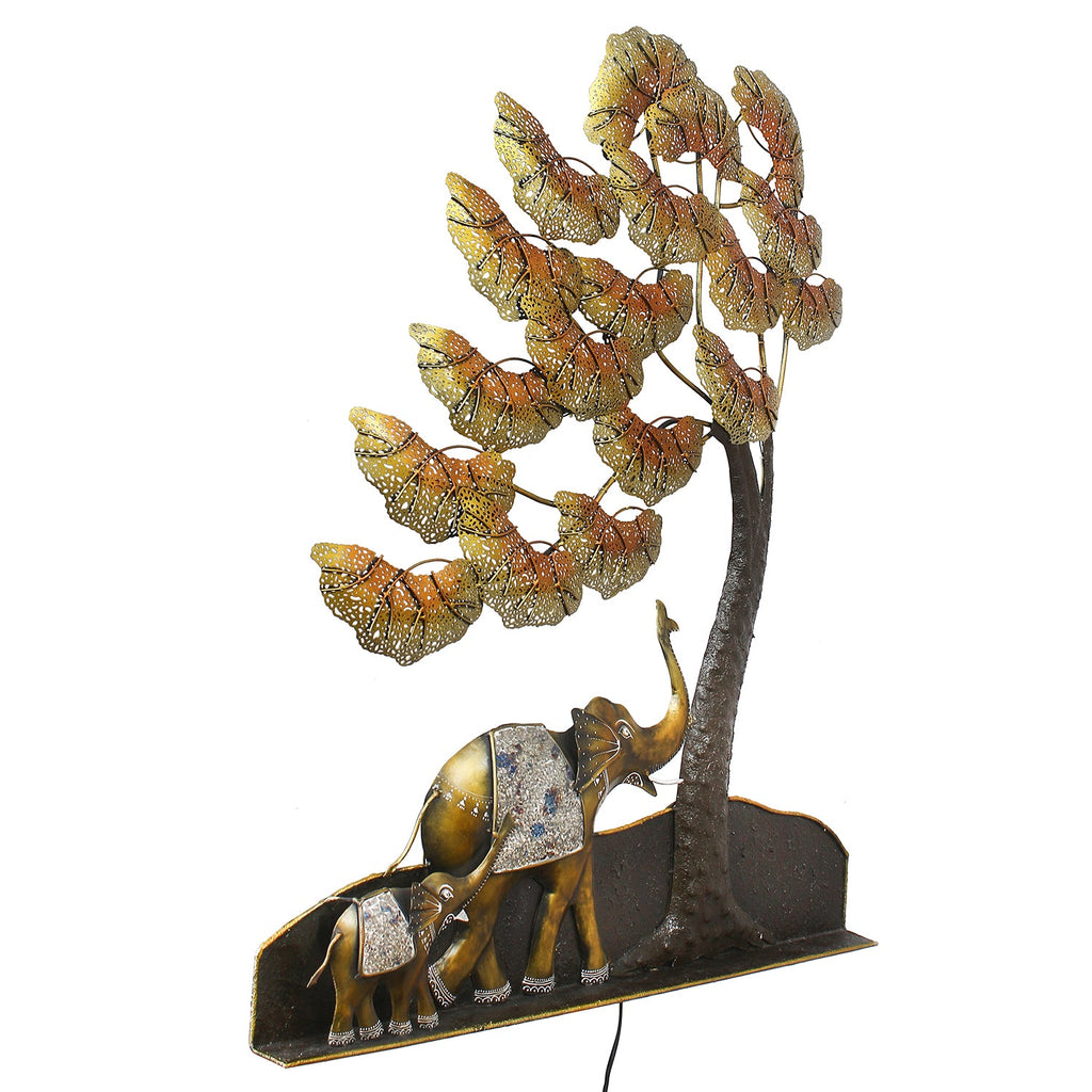 Black and Gold Elephant Family Under Leaves Tree Handcrafted Iron Wall Hanging/Art with background LED's Kafalo