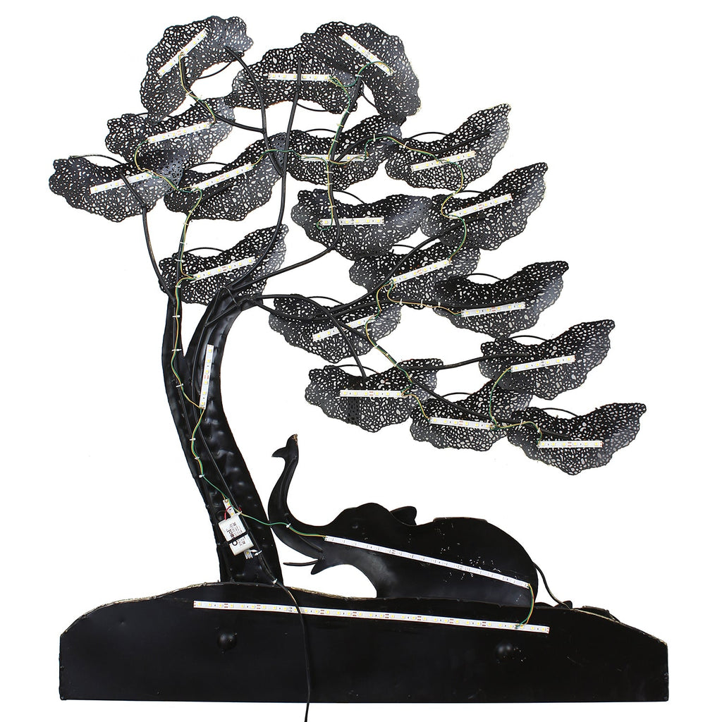 Black and Gold Elephant Family Under Leaves Tree Handcrafted Iron Wall Hanging/Art with background LED's Kafalo