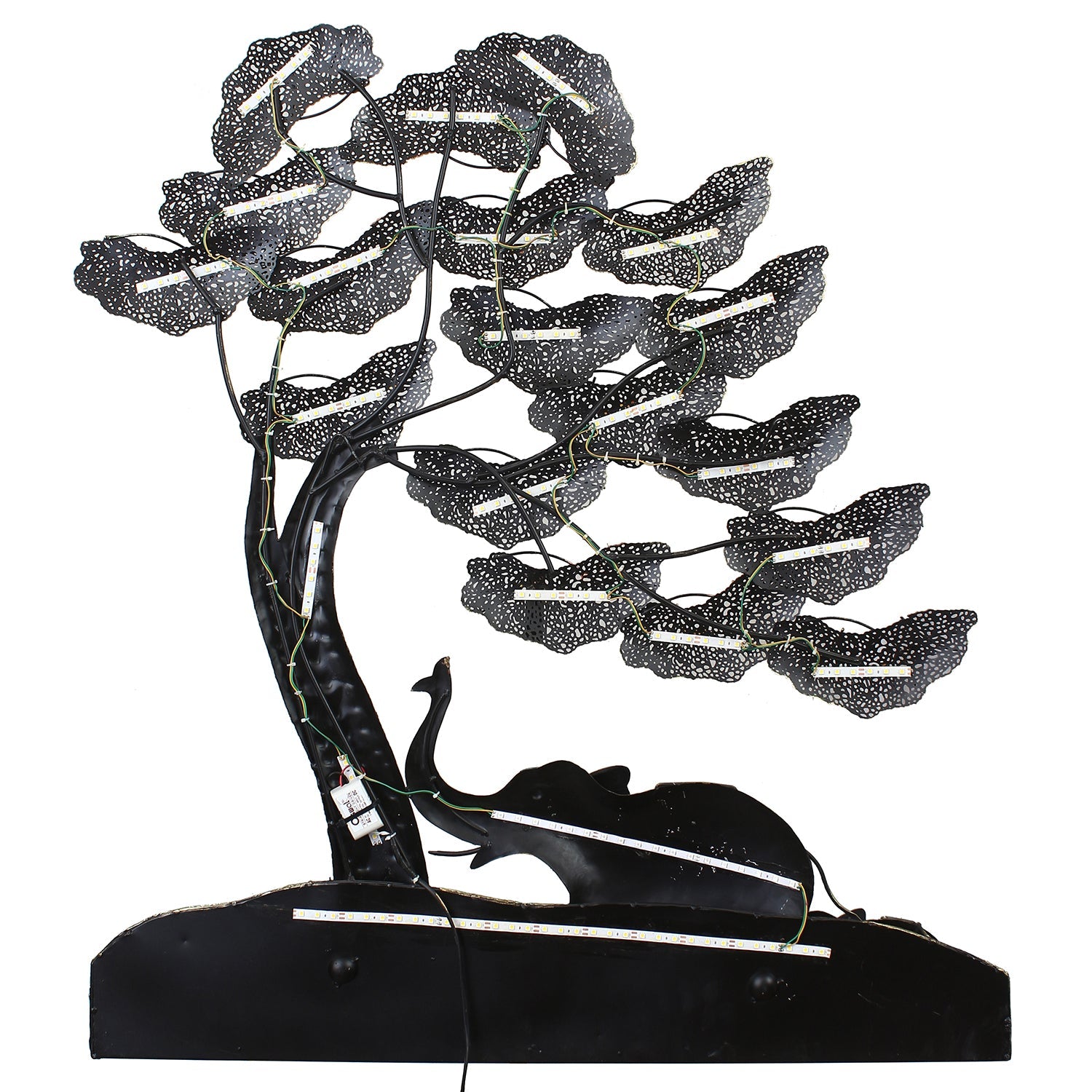 Black and Gold Elephant Family Under Leaves Tree Handcrafted Iron Wall Hanging/Art with background LED's Kafalo
