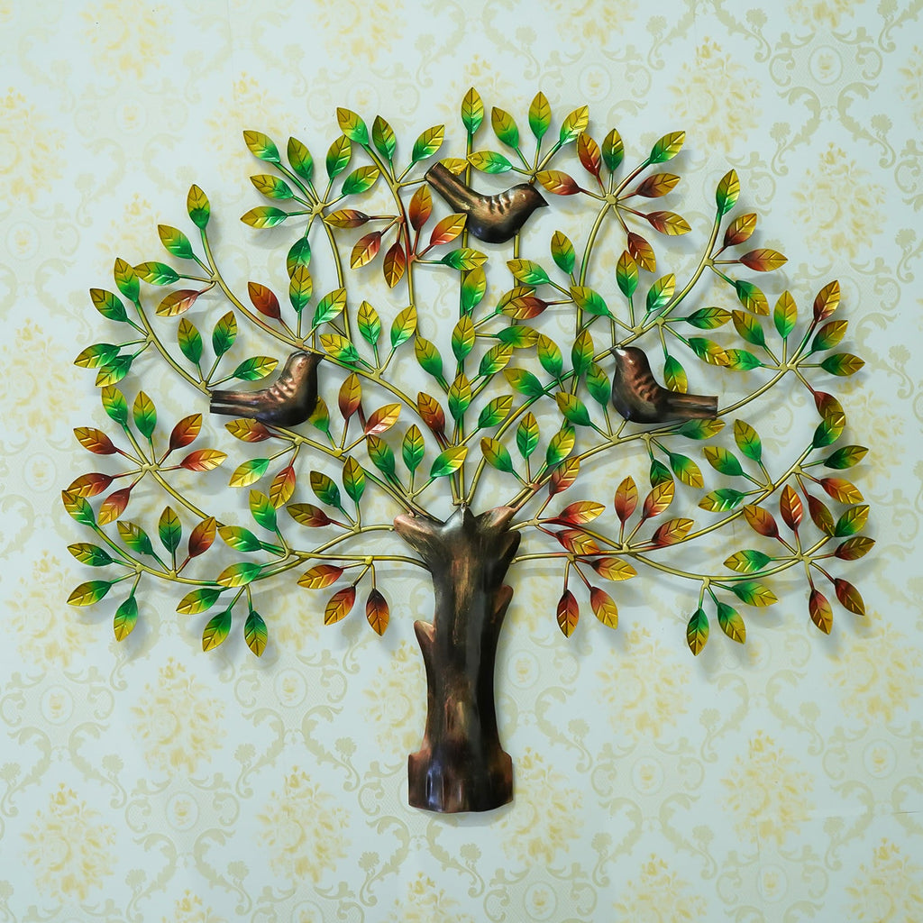 Birds Sitting on Colorful Leaves Tree Handcrafted Iron Wall Hanging/Art