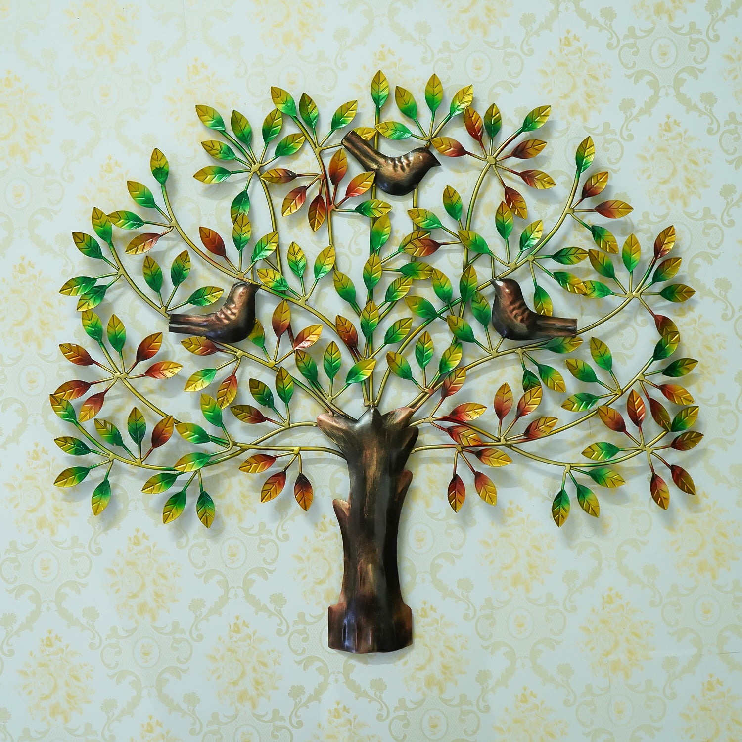 Birds Sitting on Colorful Leaves Tree Handcrafted Iron Wall Hanging/Art