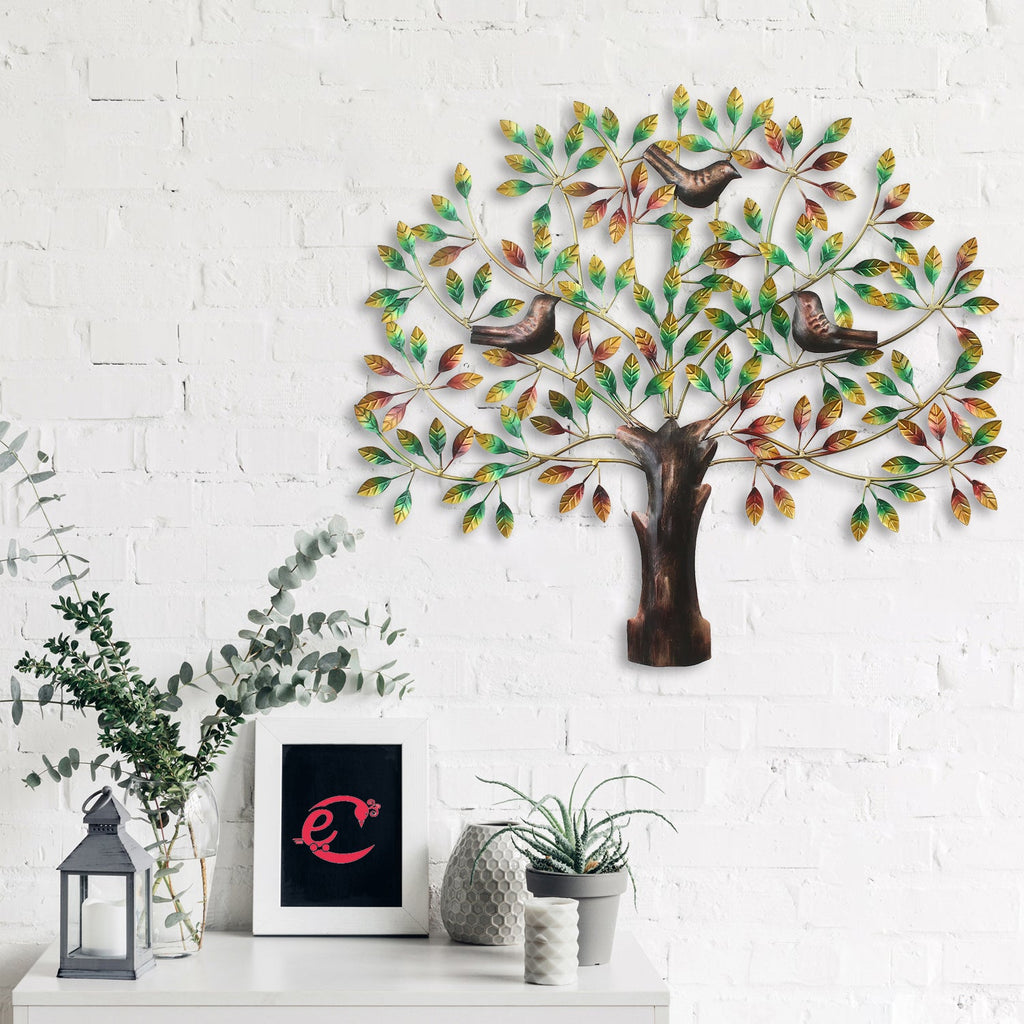 Birds Sitting on Colorful Leaves Tree Handcrafted Iron Wall Hanging/Art