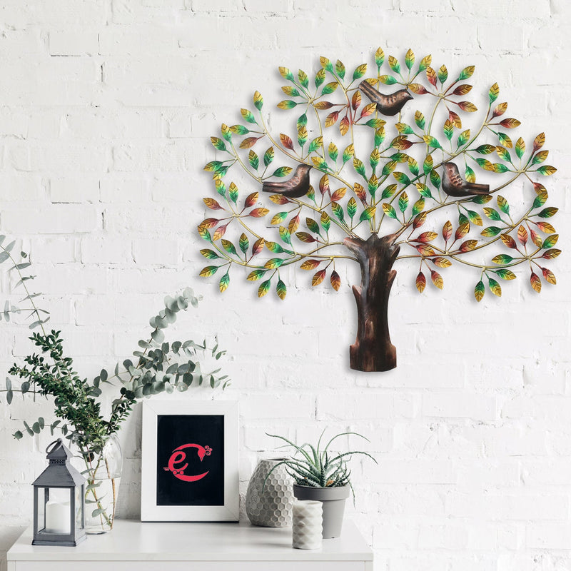 Birds Sitting on Colorful Leaves Tree Handcrafted Iron Wall Hanging/Art
