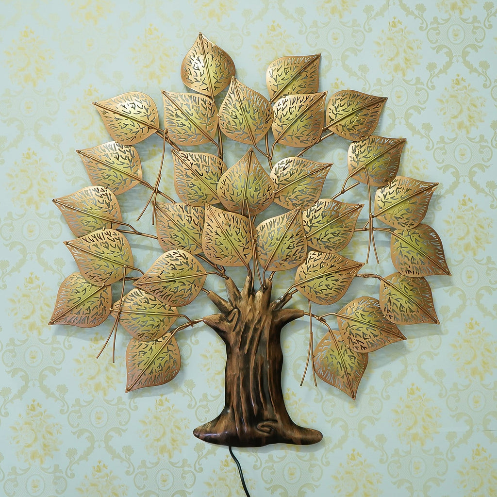Brown and Golden Leaves Tree Handcrafted Iron Wall Hanging with background LED's