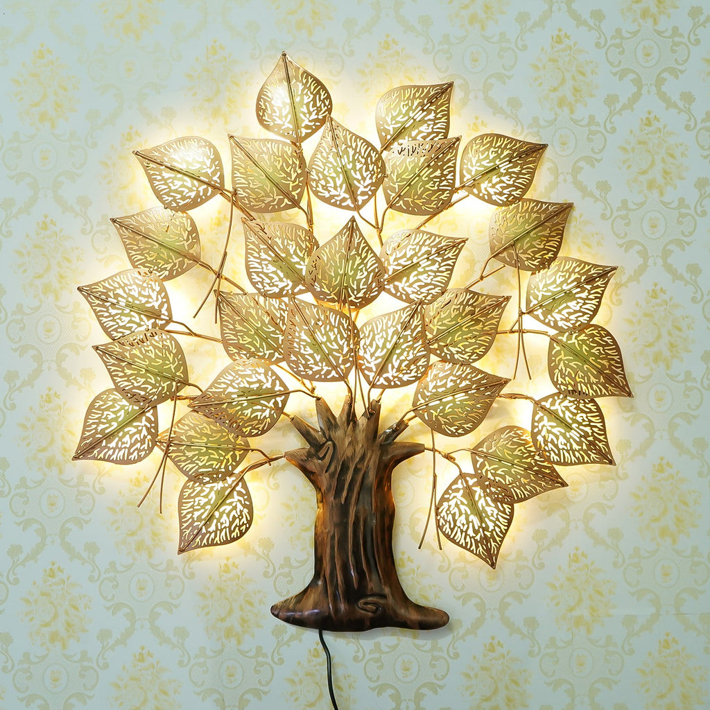 Brown and Golden Leaves Tree Handcrafted Iron Wall Hanging with background LED's