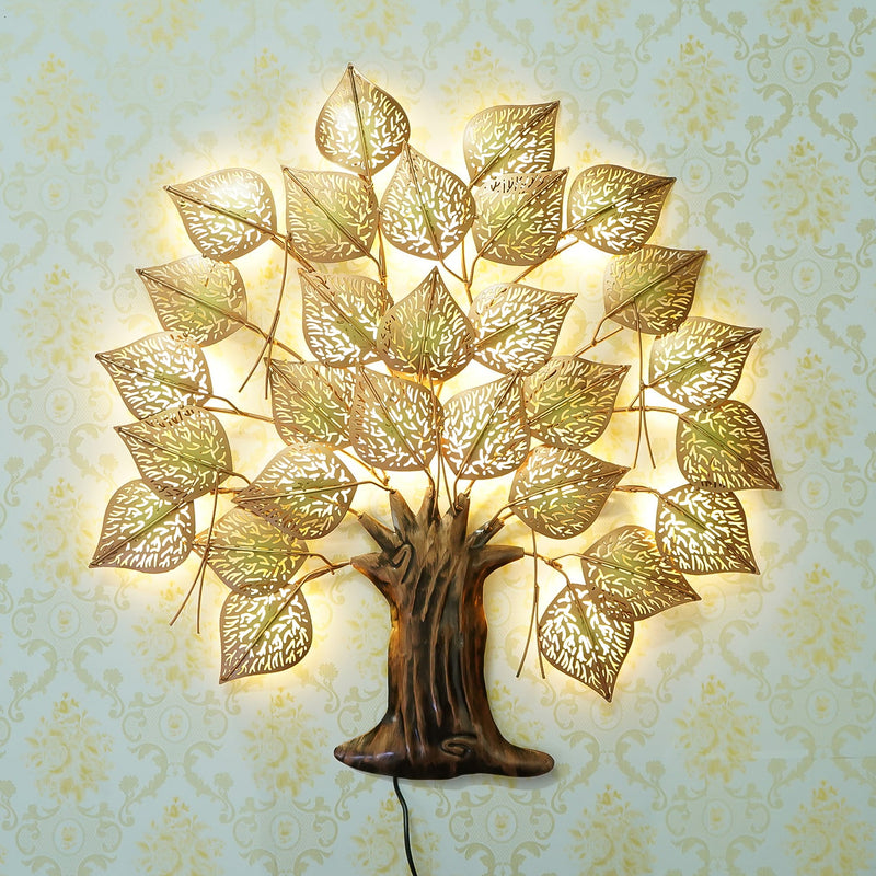 Brown and Golden Leaves Tree Handcrafted Iron Wall Hanging with background LED's
