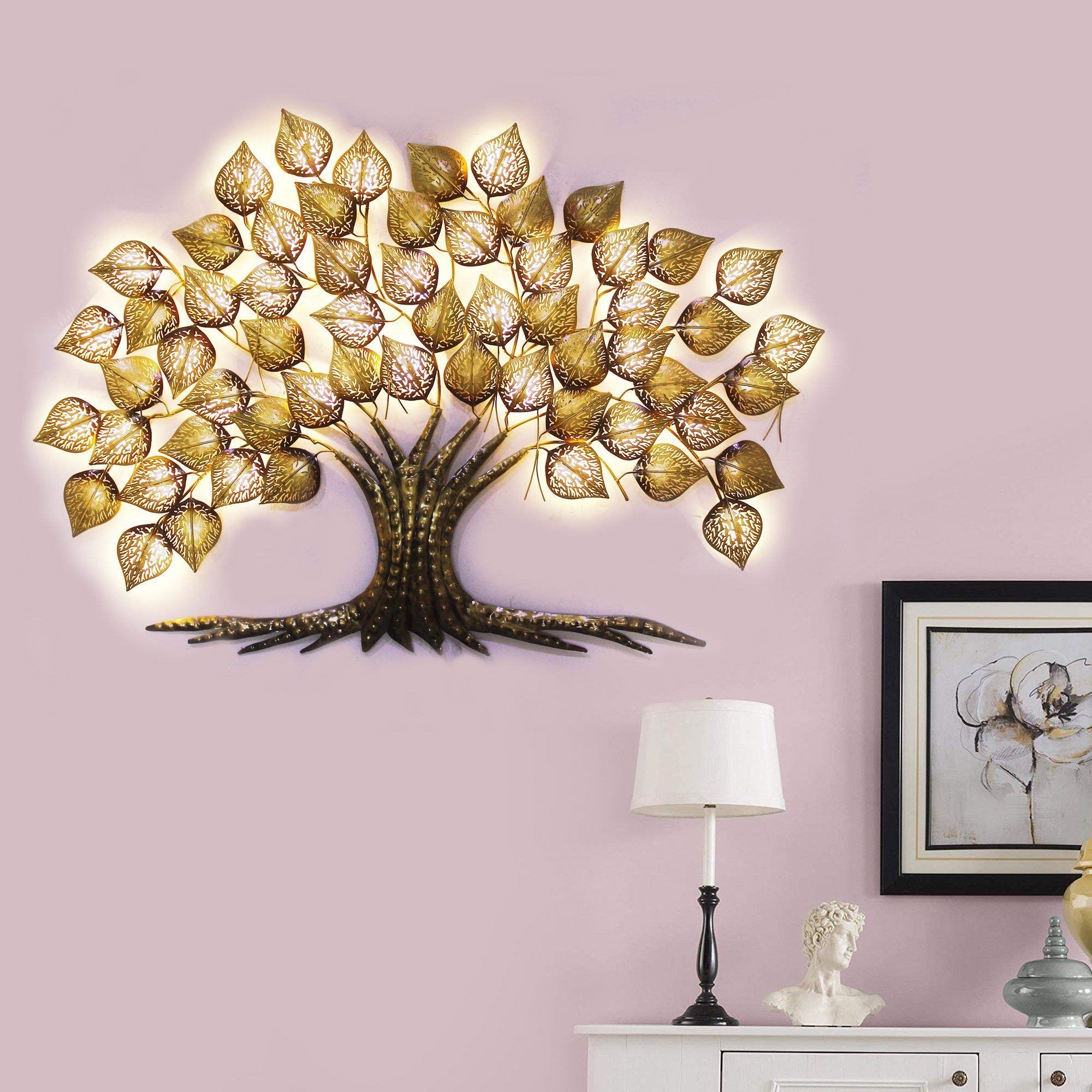 Brown and Golden Beautiful Leaves Tree Handcrafted Iron Wall Hanging with background LED's Kafalo