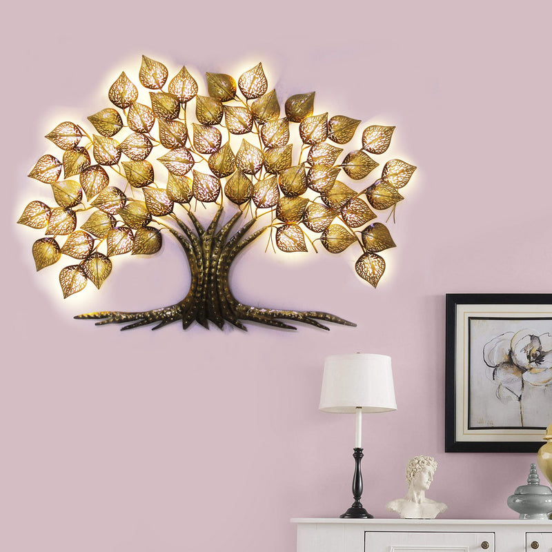 Brown and Golden Beautiful Leaves Tree Handcrafted Iron Wall Hanging with background LED's