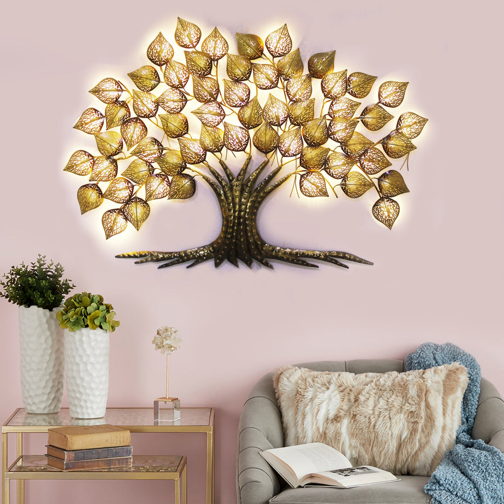 Brown and Golden Beautiful Leaves Tree Handcrafted Iron Wall Hanging with background LED's Kafalo