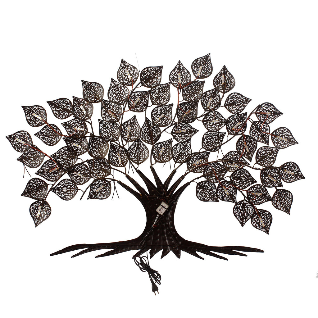 Brown and Golden Beautiful Leaves Tree Handcrafted Iron Wall Hanging with background LED's Kafalo