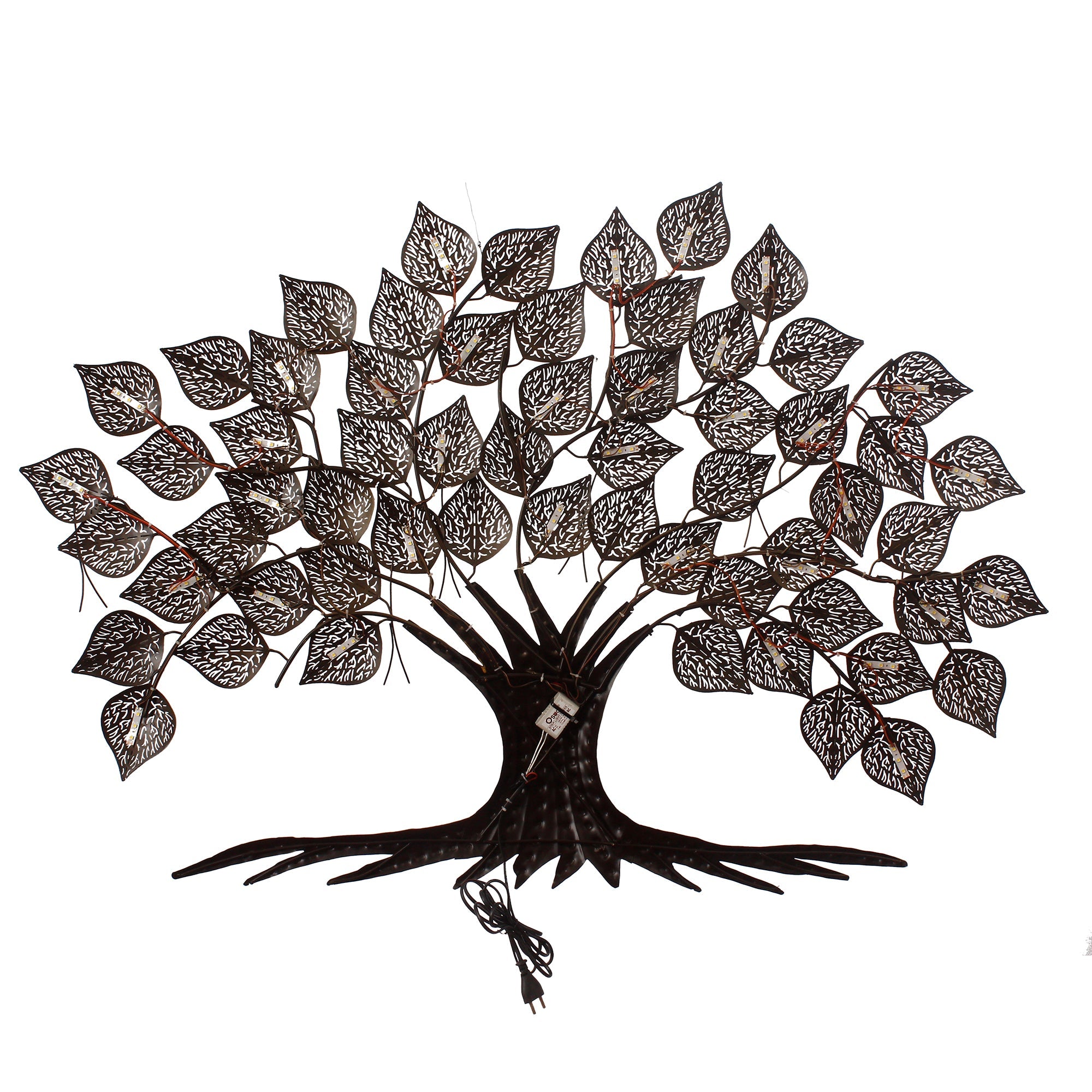 Brown and Golden Beautiful Leaves Tree Handcrafted Iron Wall Hanging with background LED's Kafalo