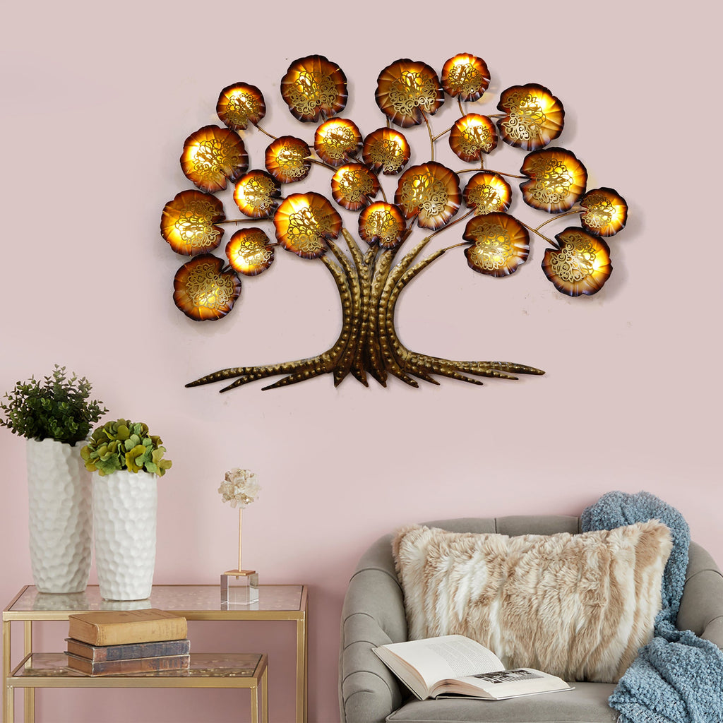Brown and Golden Beautiful Leaves Tree Handcrafted Iron Wall Hanging/Art with background LED's Kafalo