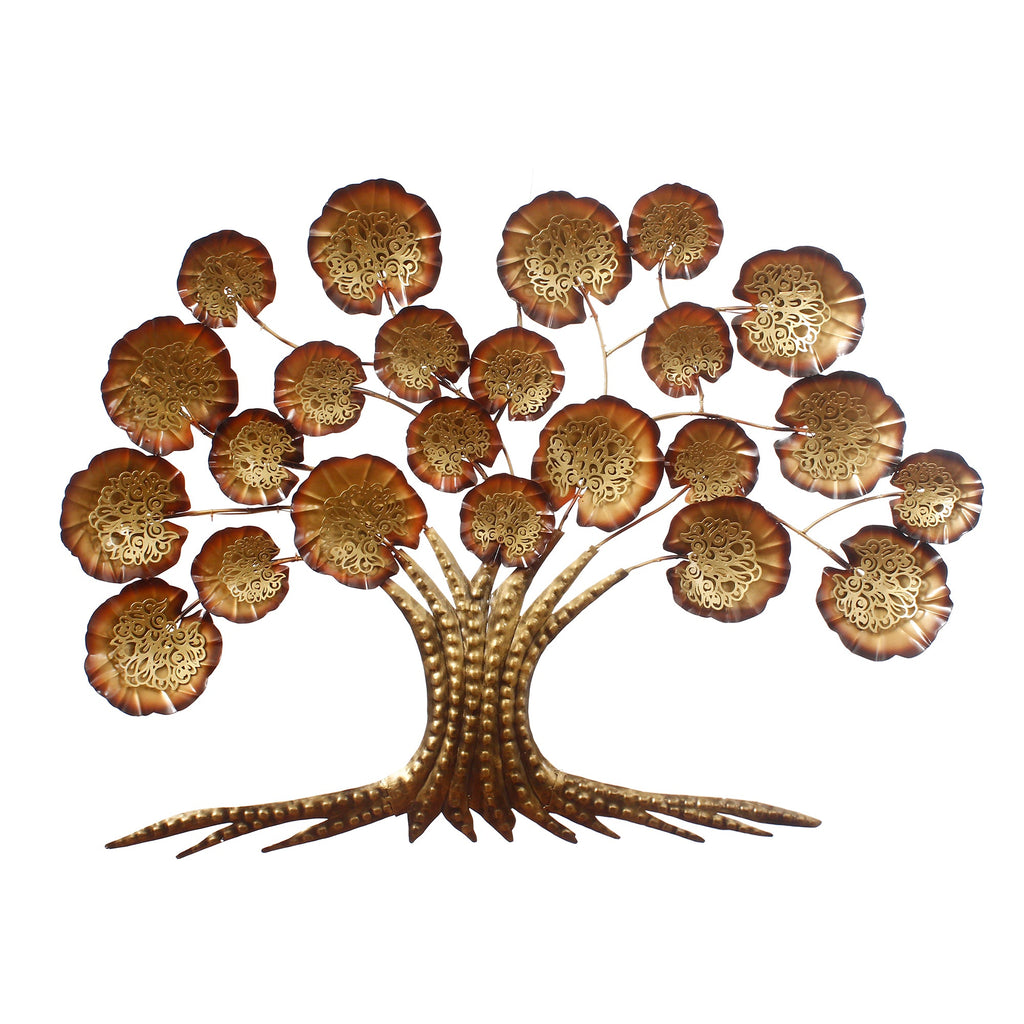 Brown and Golden Beautiful Leaves Tree Handcrafted Iron Wall Hanging/Art with background LED's Kafalo