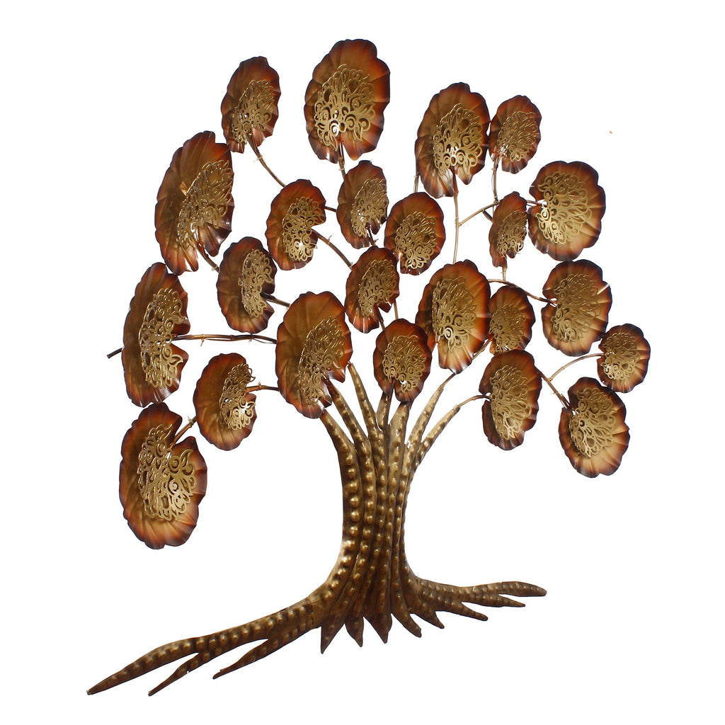 Brown and Golden Beautiful Leaves Tree Handcrafted Iron Wall Hanging/Art with background LED's Kafalo