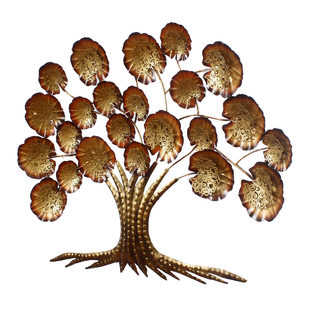 Brown and Golden Beautiful Leaves Tree Handcrafted Iron Wall Hanging/Art with background LED's Kafalo
