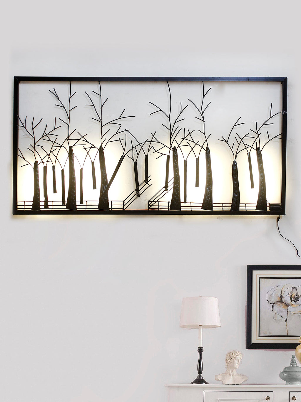 Abstract Trees Forest View Handcrafted Iron Wall Hanging with background LED's Kafalo