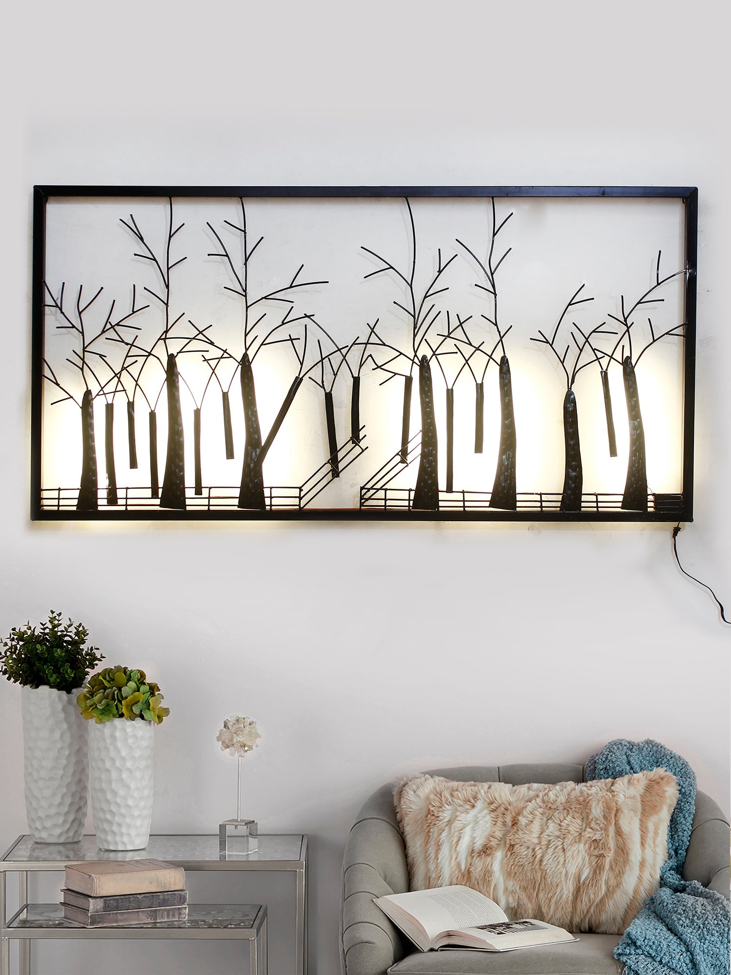 Abstract Trees Forest View Handcrafted Iron Wall Hanging with background LED's Kafalo