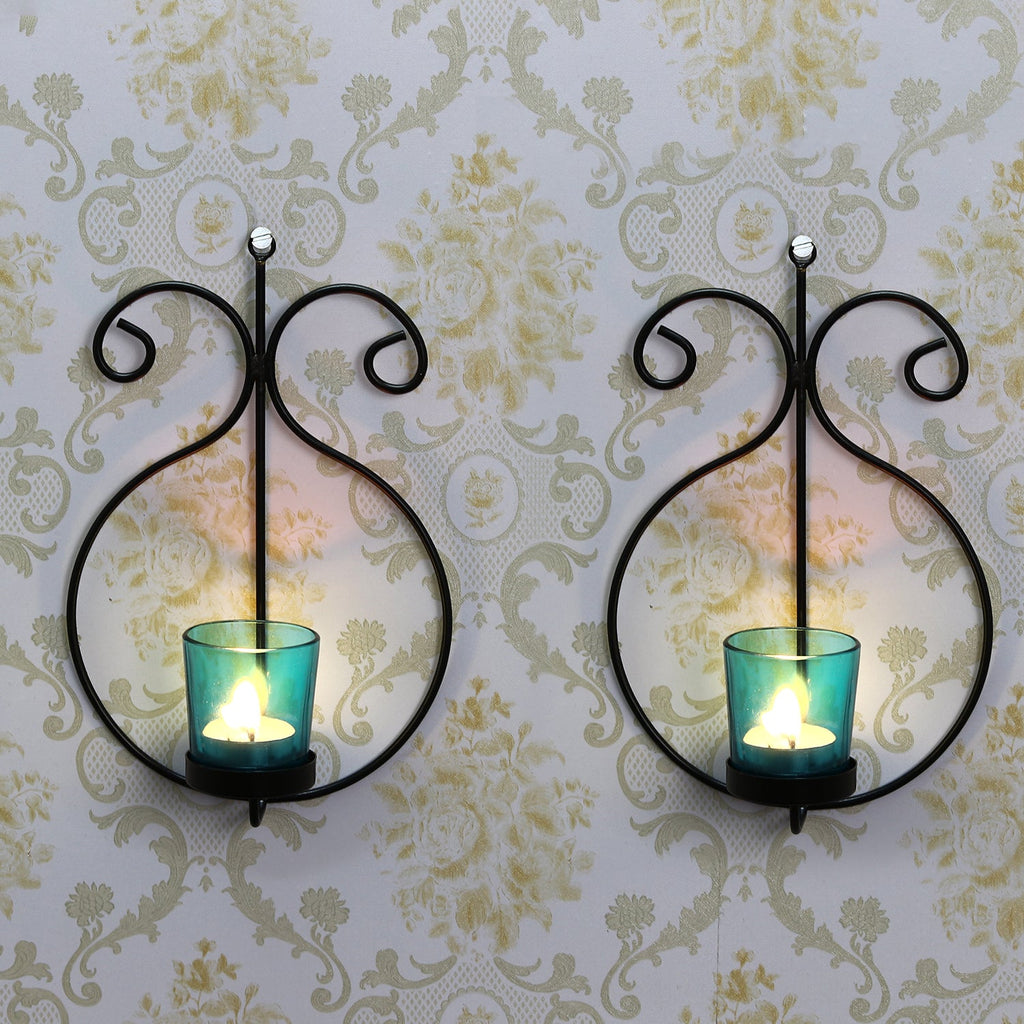 2 Blue Glass Cup Black Tea Light Candle Holder with Wall Sconce