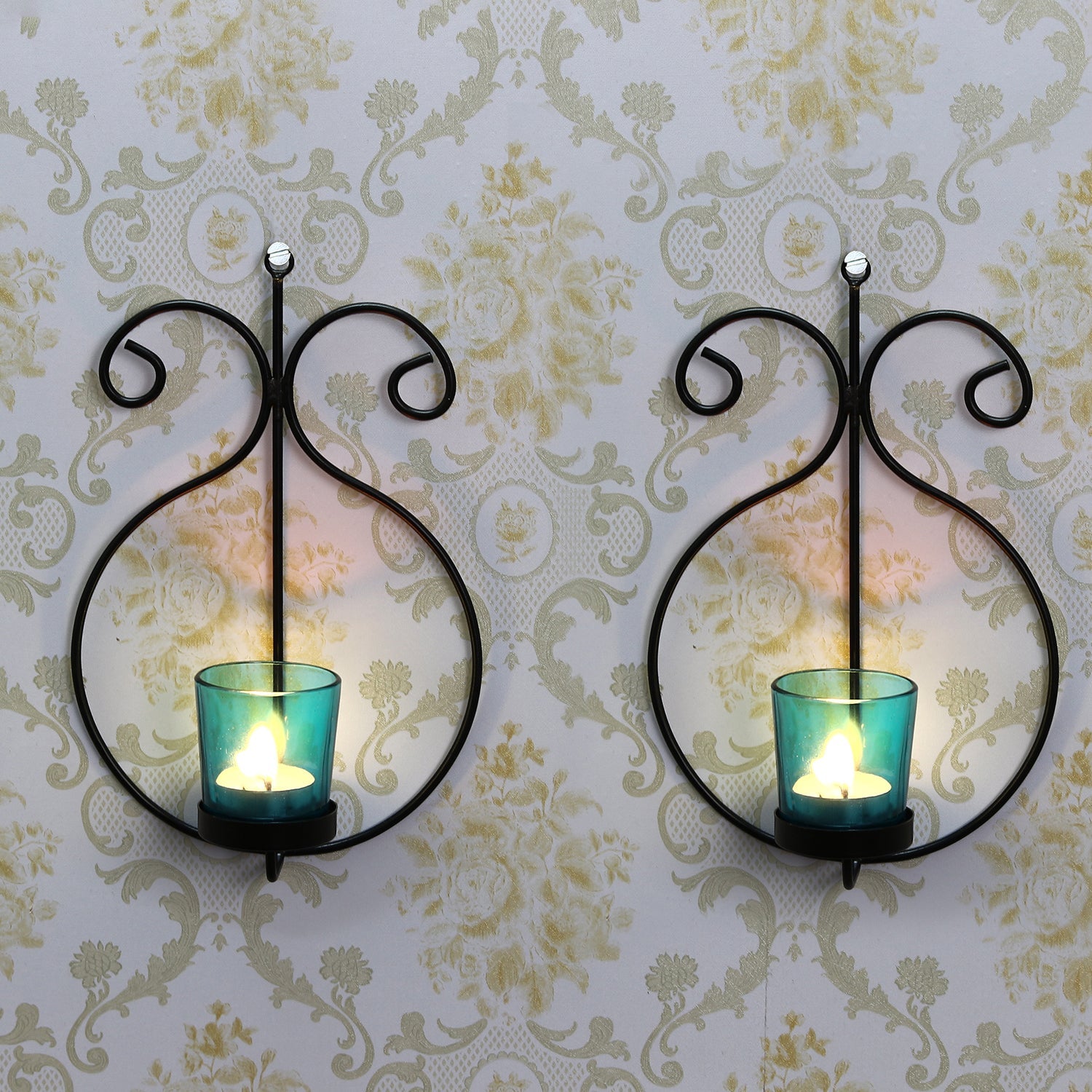 2 Blue Glass Cup Black Tea Light Candle Holder with Wall Sconce