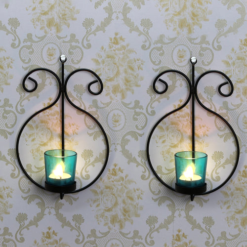 2 Blue Glass Cup Black Tea Light Candle Holder with Wall Sconce