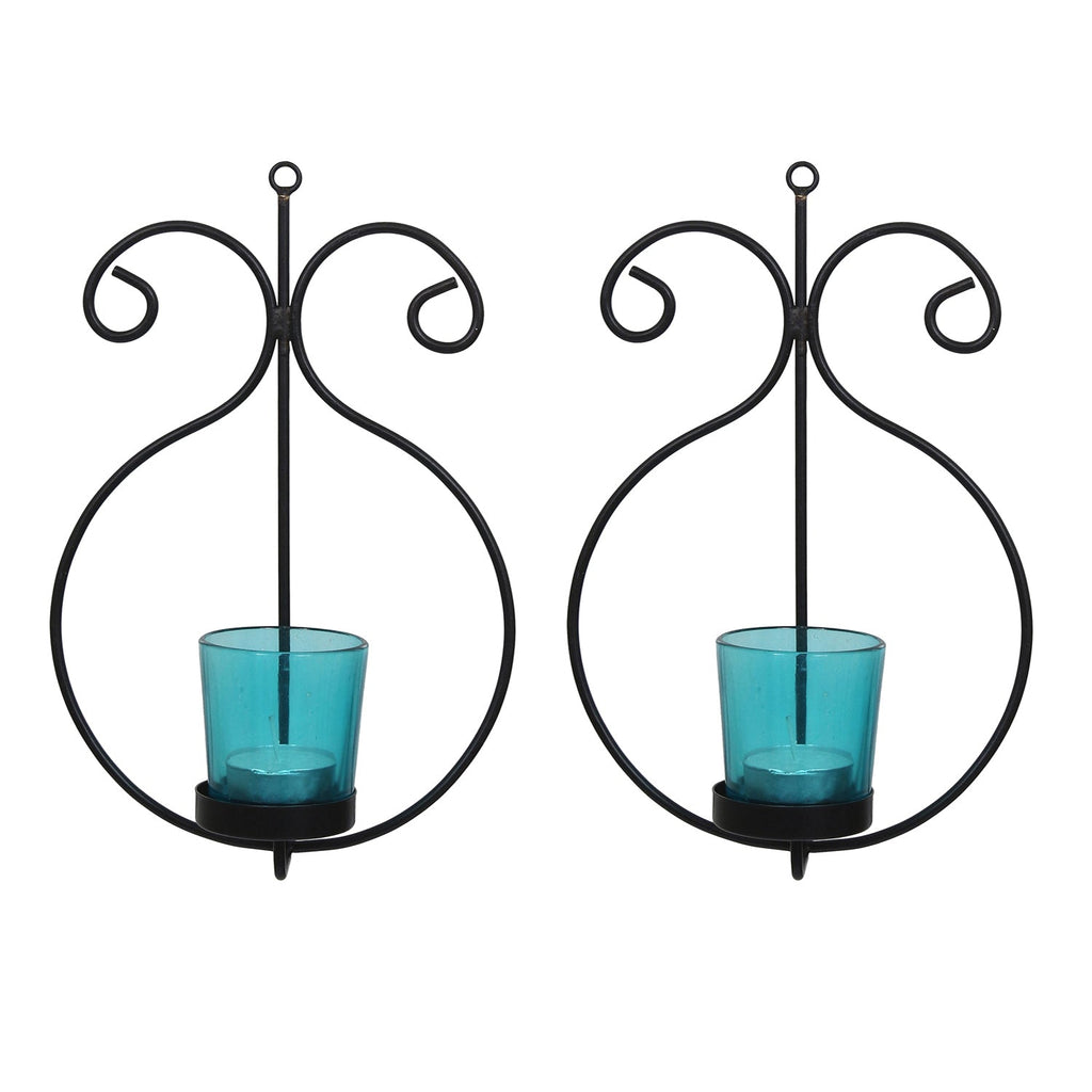 2 Blue Glass Cup Black Tea Light Candle Holder with Wall Sconce