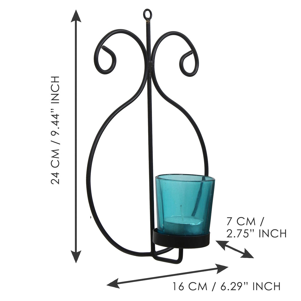 2 Blue Glass Cup Black Tea Light Candle Holder with Wall Sconce