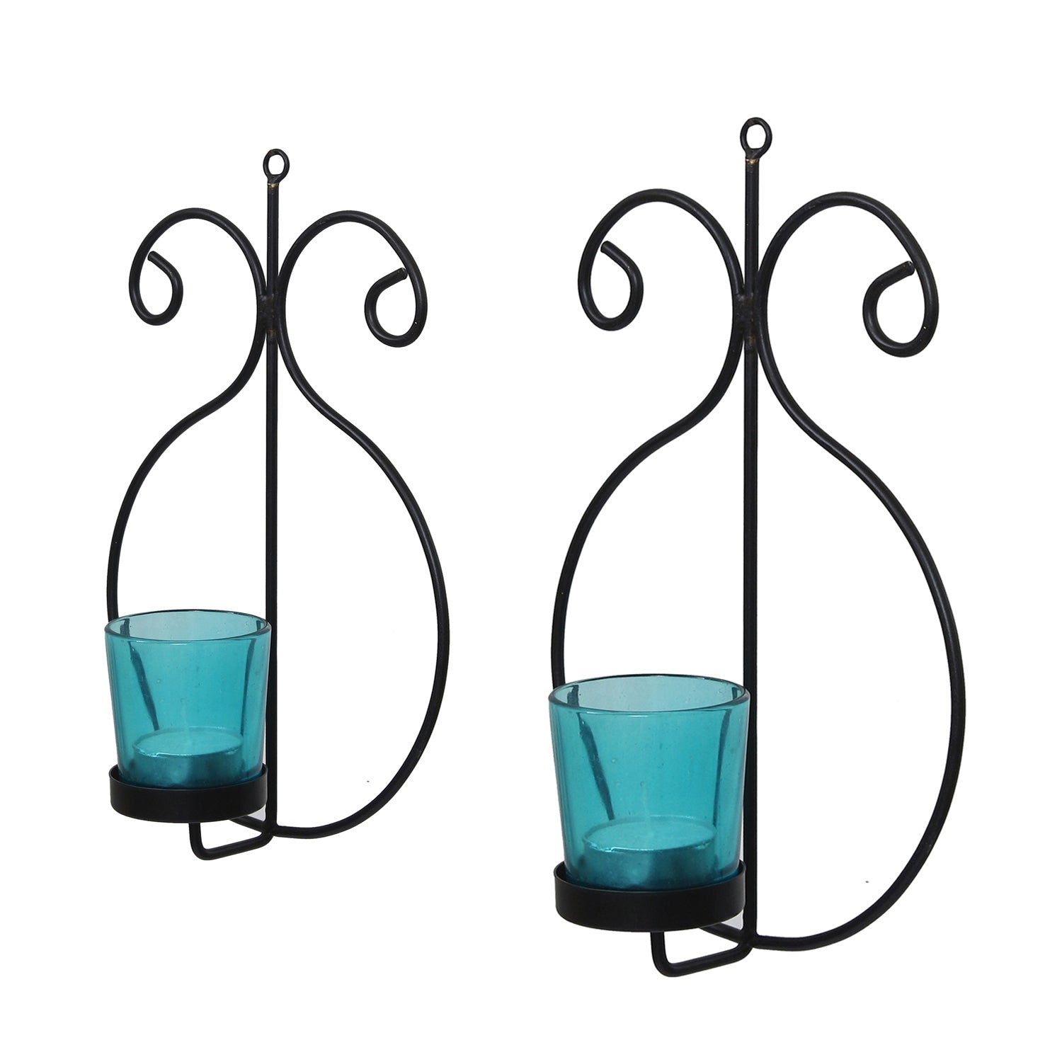 2 Blue Glass Cup Black Tea Light Candle Holder with Wall Sconce