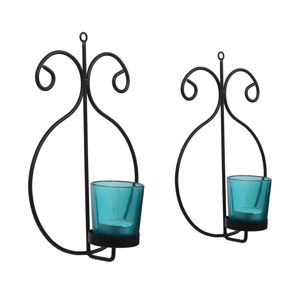 2 Blue Glass Cup Black Tea Light Candle Holder with Wall Sconce
