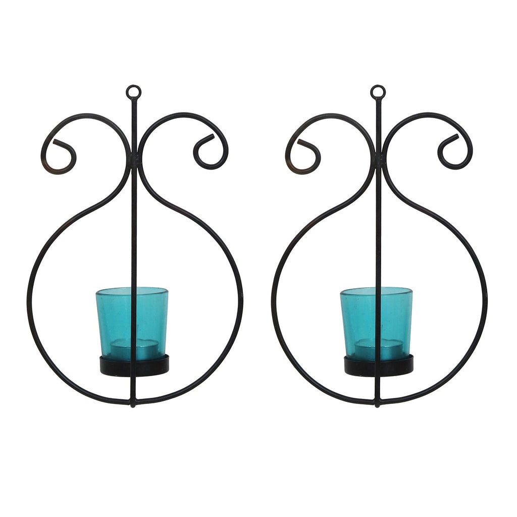2 Blue Glass Cup Black Tea Light Candle Holder with Wall Sconce