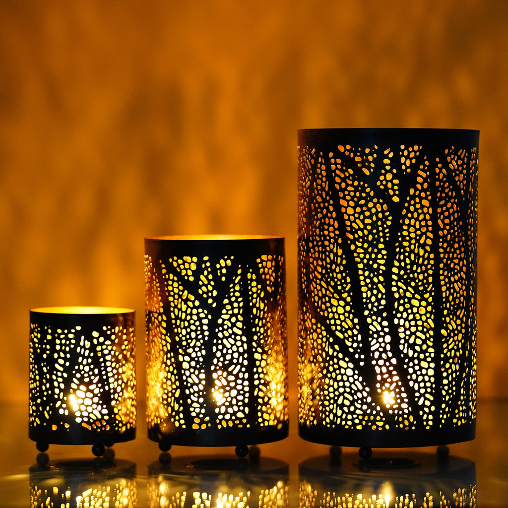 Black Decorative Mesh Design Iron Tea Light candle Holder Set of 3 in Cylindrical shape Kafalo