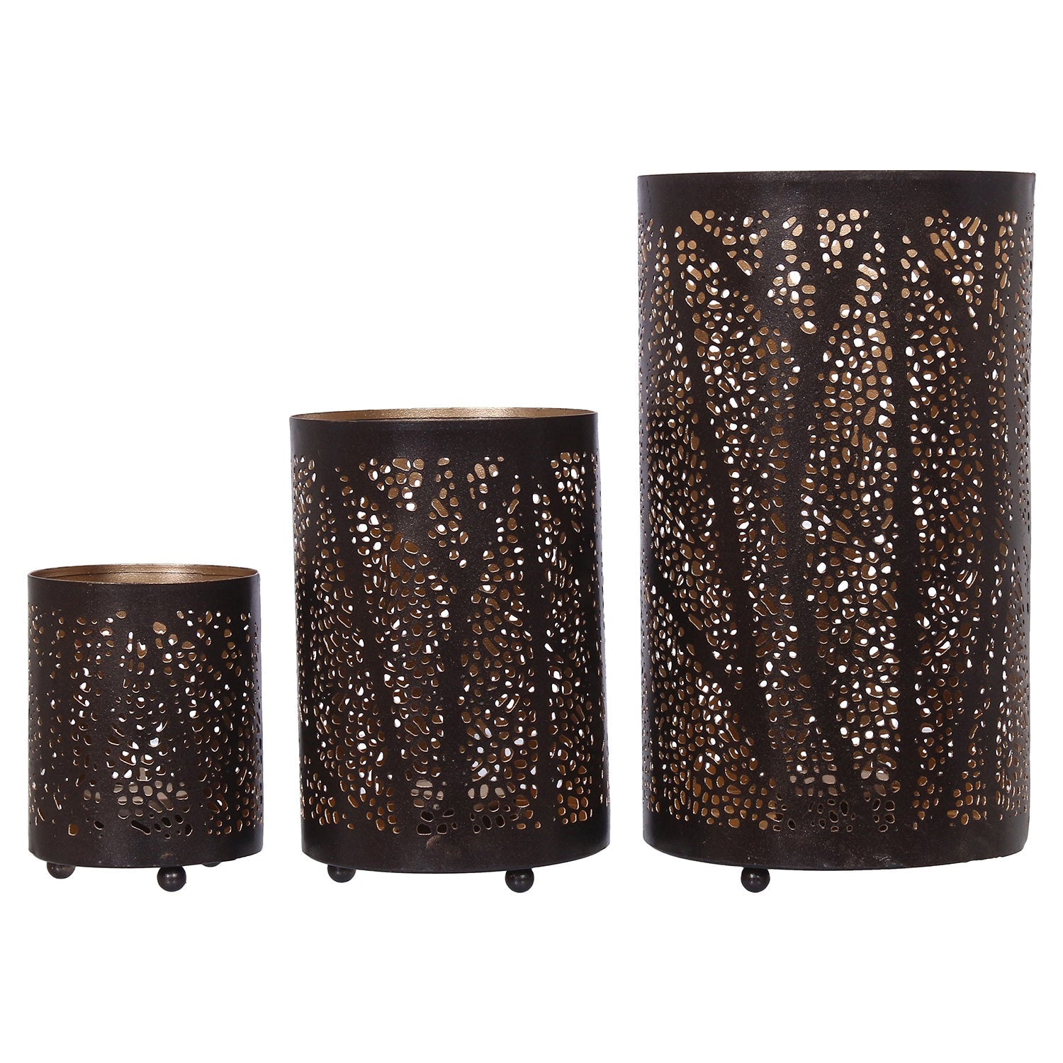 Black Decorative Mesh Design Iron Tea Light candle Holder Set of 3 in Cylindrical shape Kafalo