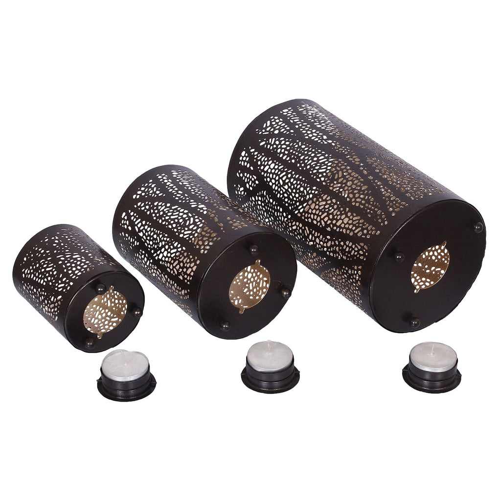 Black Decorative Mesh Design Iron Tea Light candle Holder Set of 3 in Cylindrical shape Kafalo