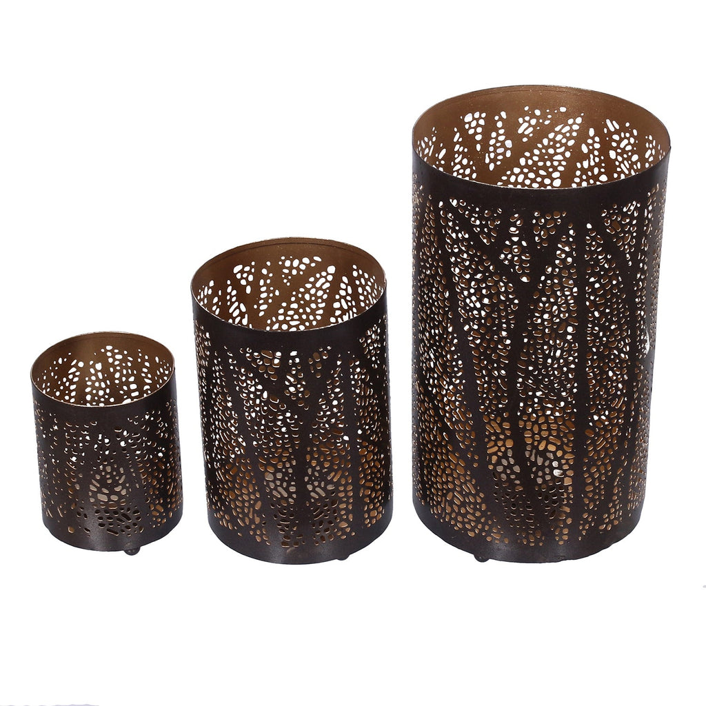 Black Decorative Mesh Design Iron Tea Light candle Holder Set of 3 in Cylindrical shape Kafalo