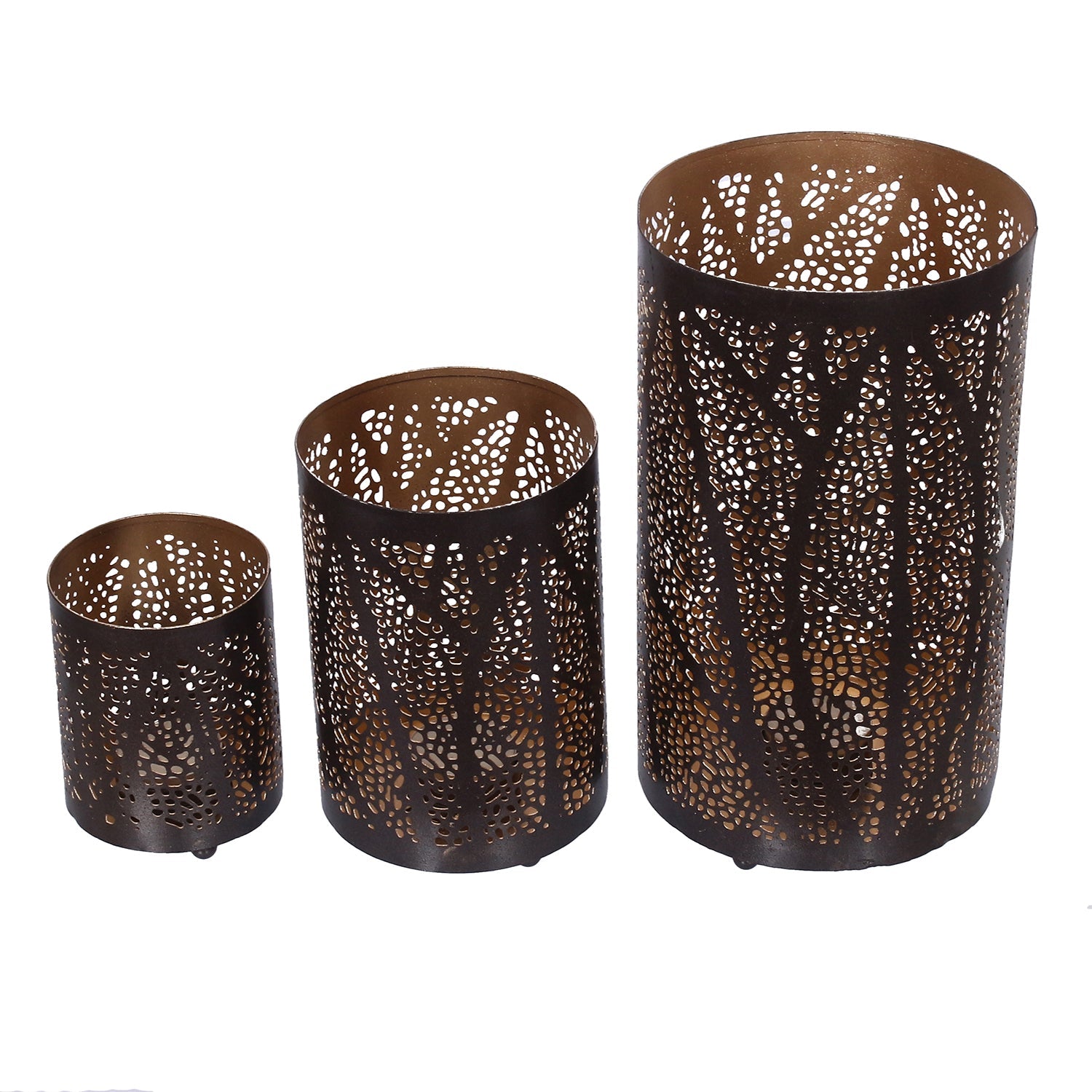 Black Decorative Mesh Design Iron Tea Light candle Holder Set of 3 in Cylindrical shape Kafalo