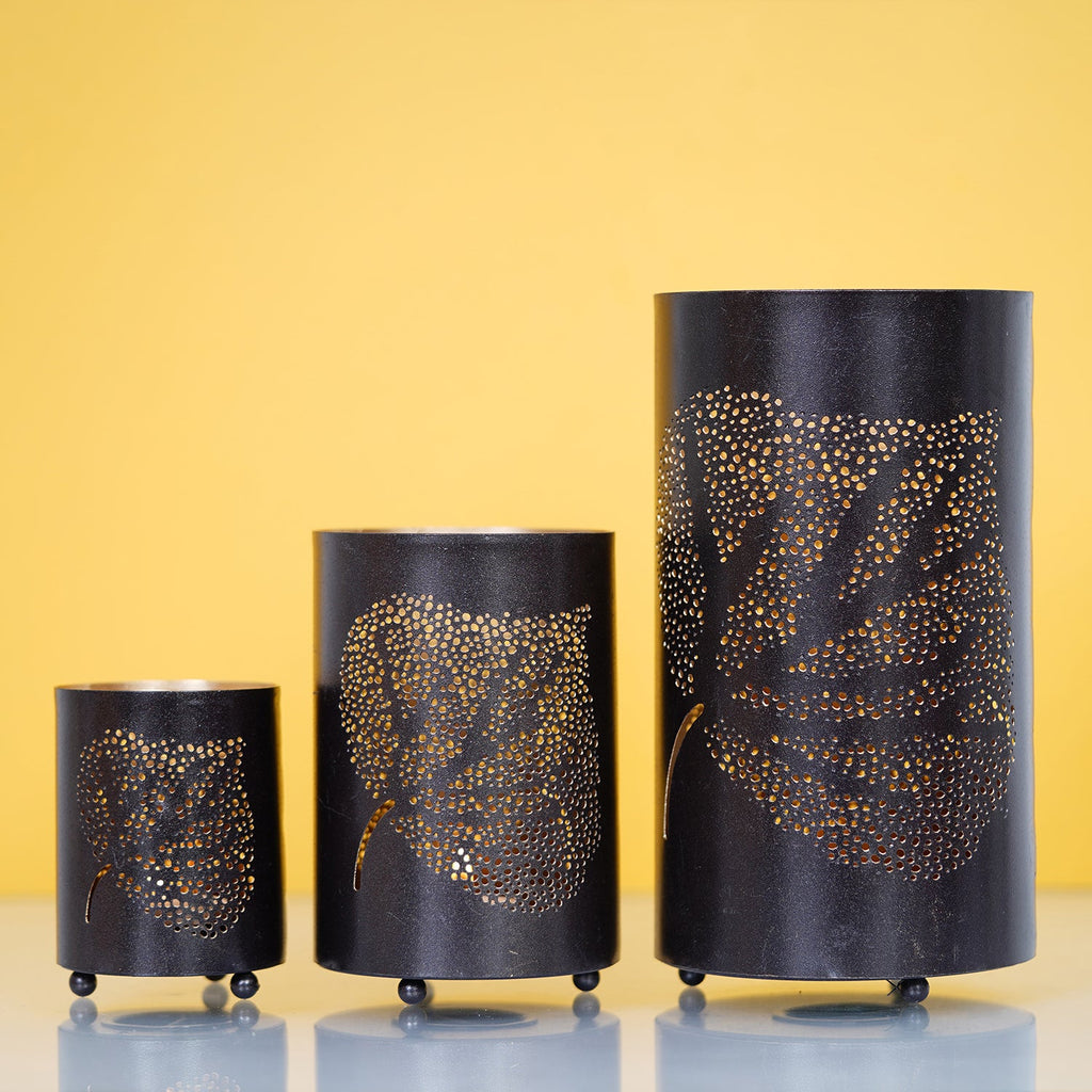 Black Set of 3 Decorative Mesh Design Leaf Iron Tea Light candle Holder in Cylindrical Shape Kafalo