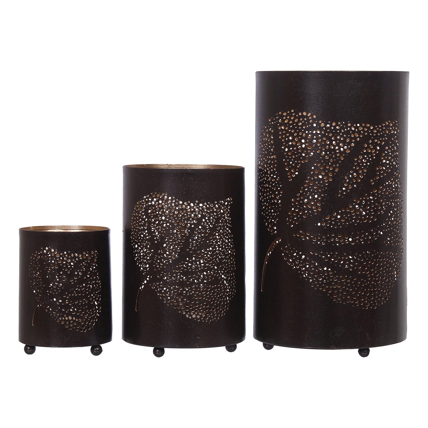 Black Set of 3 Decorative Mesh Design Leaf Iron Tea Light candle Holder in Cylindrical Shape Kafalo