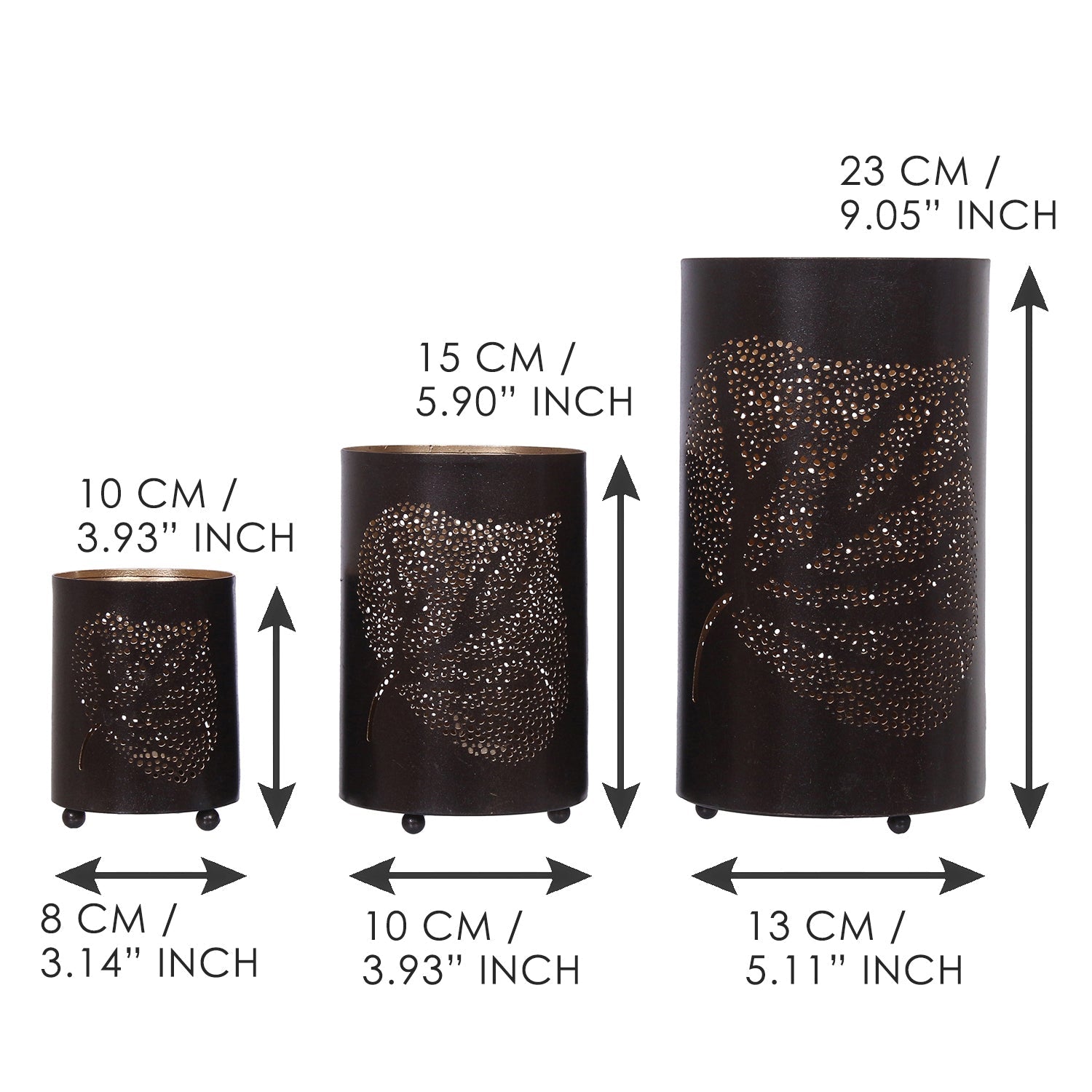 Black Set of 3 Decorative Mesh Design Leaf Iron Tea Light candle Holder in Cylindrical Shape Kafalo
