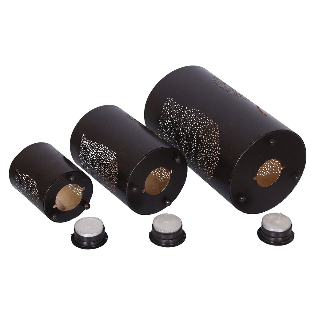 Black Set of 3 Decorative Mesh Design Leaf Iron Tea Light candle Holder in Cylindrical Shape Kafalo