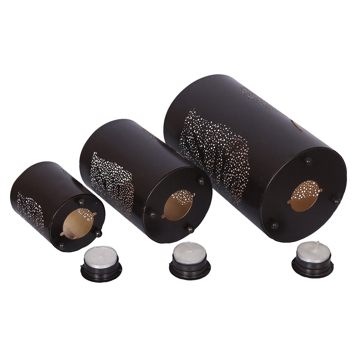 Black Set of 3 Decorative Mesh Design Leaf Iron Tea Light candle Holder in Cylindrical Shape Kafalo
