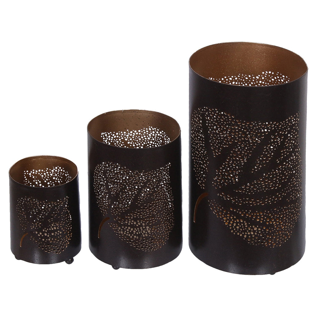 Black Set of 3 Decorative Mesh Design Leaf Iron Tea Light candle Holder in Cylindrical Shape Kafalo
