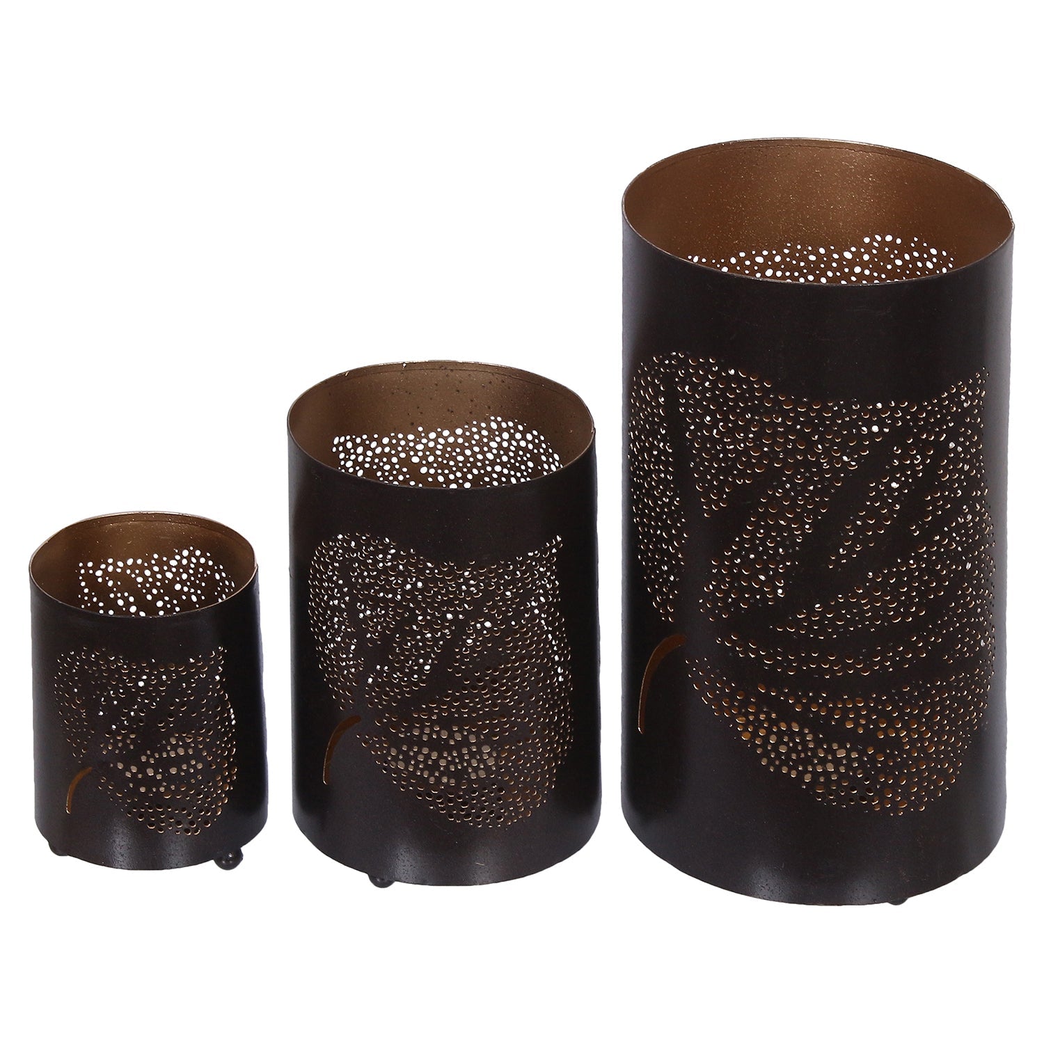 Black Set of 3 Decorative Mesh Design Leaf Iron Tea Light candle Holder in Cylindrical Shape Kafalo