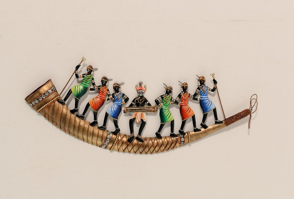 Wrought Iron Dancing Tribals on Shehnai Wall Hanging Kafalo
