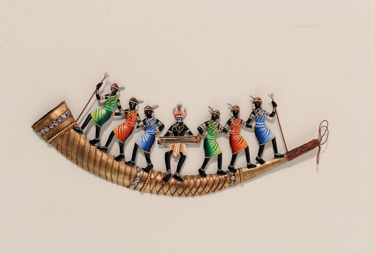 Wrought Iron Dancing Tribals on Shehnai Wall Hanging Kafalo