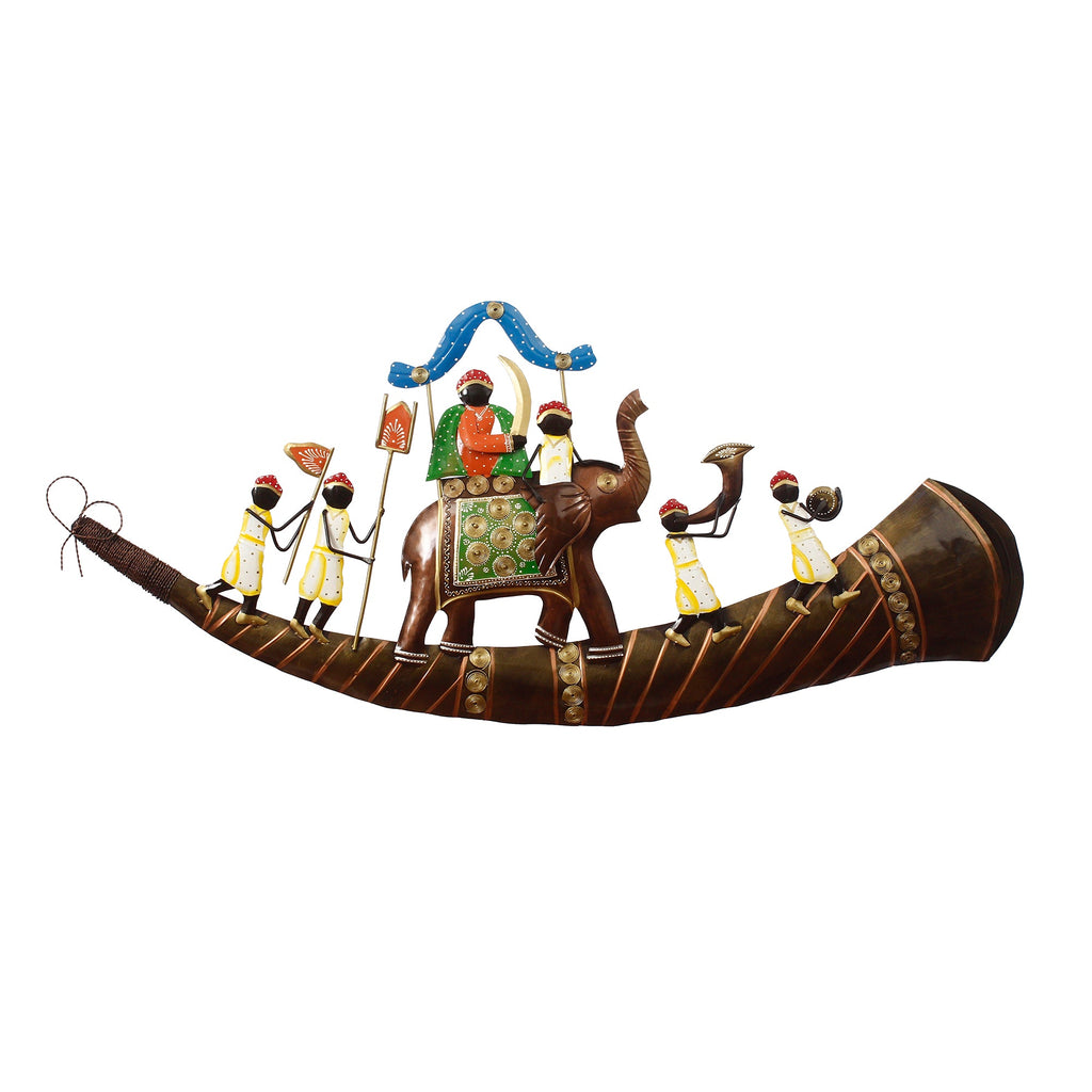 Royal Procession of King on Shehnai Decorative Iron Wall Hanging/Art (Brown, Blue and Green) Kafalo