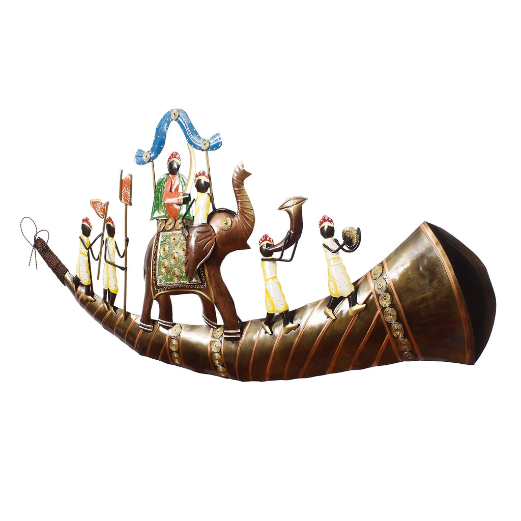 Royal Procession of King on Shehnai Decorative Iron Wall Hanging/Art (Brown, Blue and Green) Kafalo