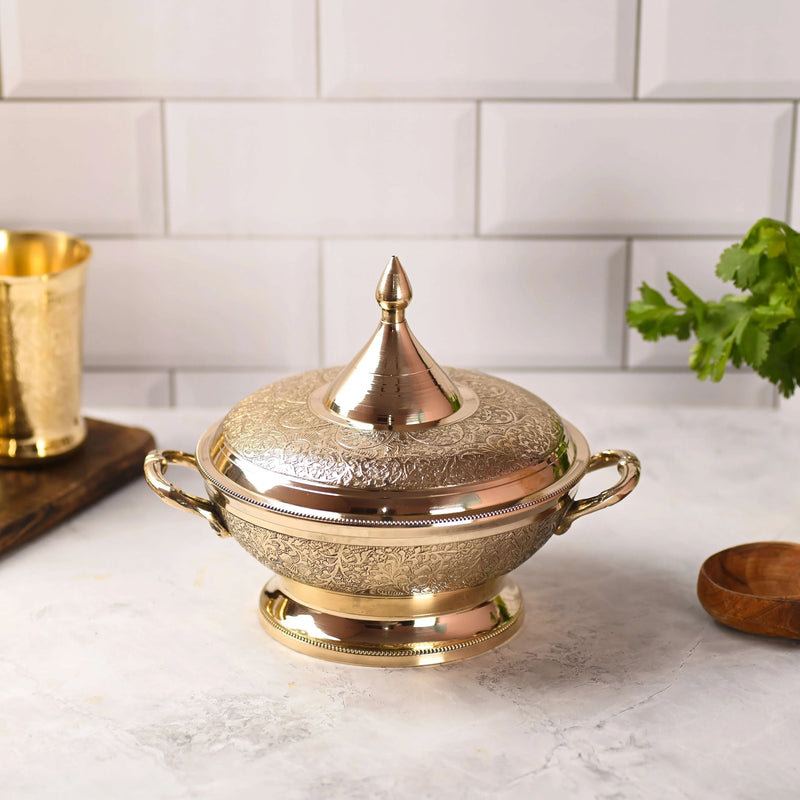 Brass Serving Pot With Lid And Handle (7.5 Inch) Vedansh Craft