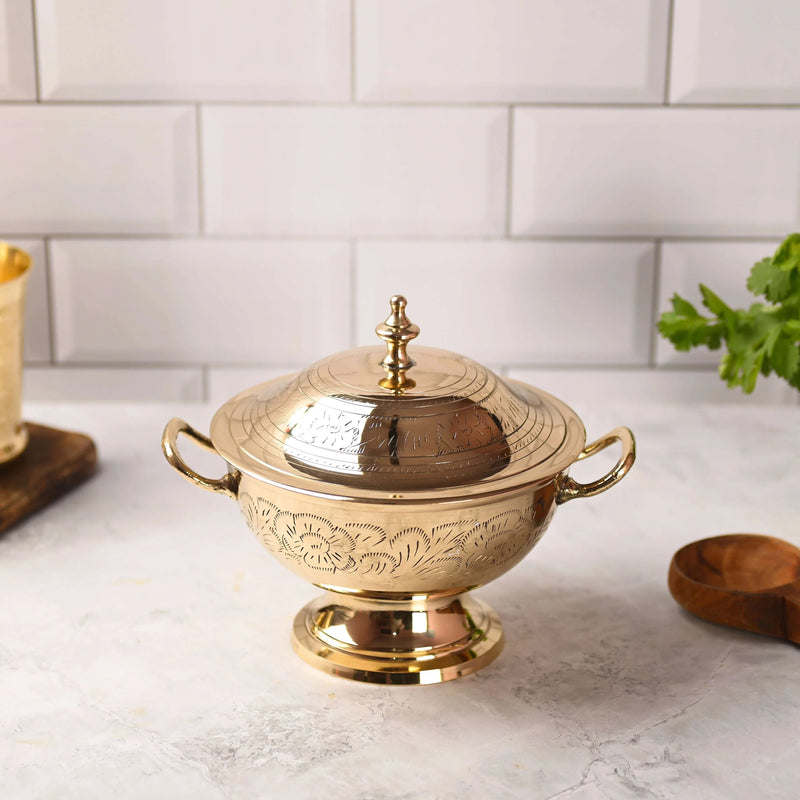 Brass Serving Pot With Lid And Handle (7 Inch) Vedansh Craft