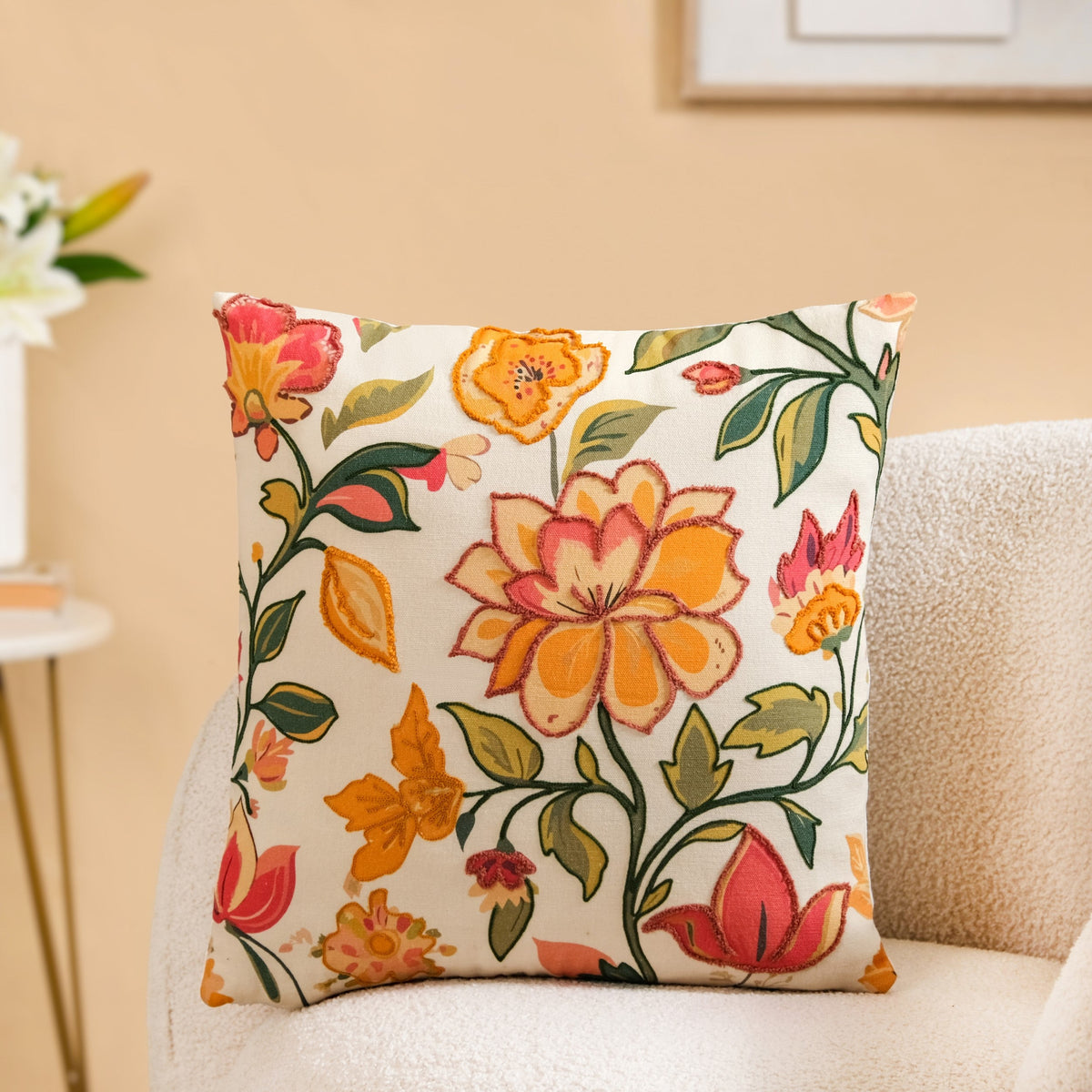 Indie Floral Embroidered Cotton Cushion Cover 40x40cm Nestasia