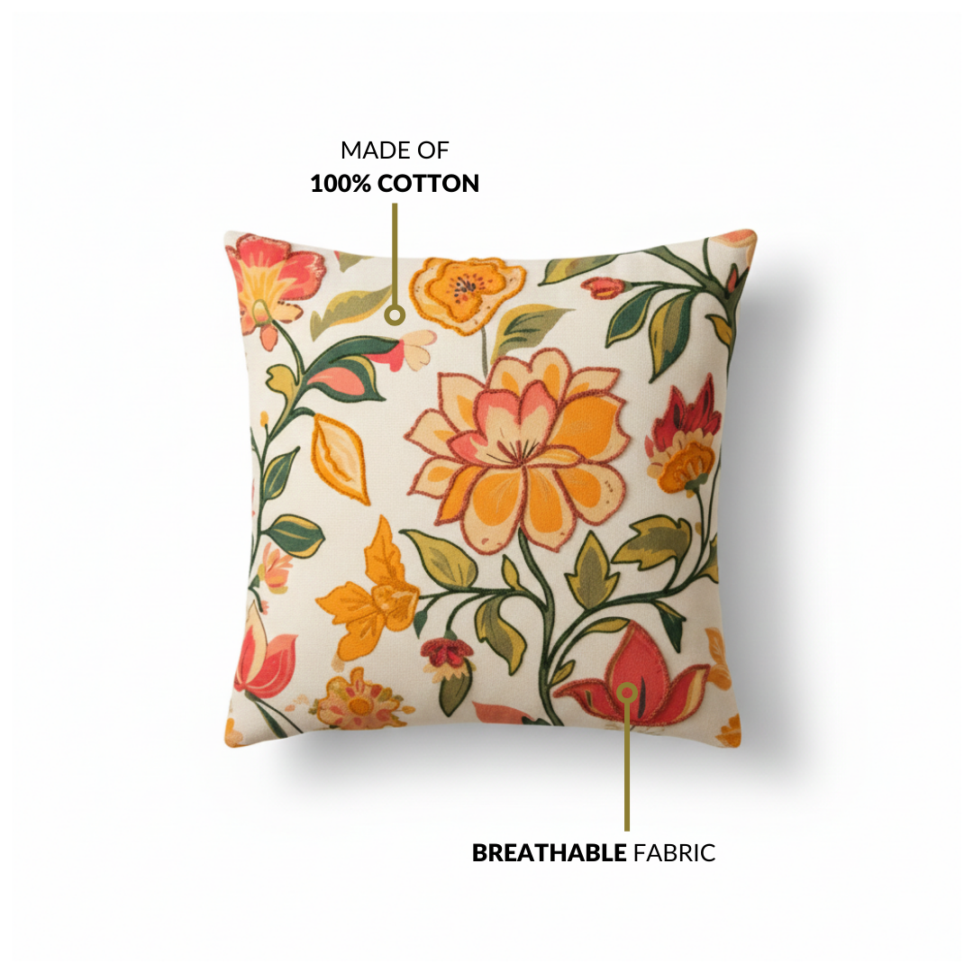 Indie Floral Embroidered Cotton Cushion Cover 40x40cm Nestasia