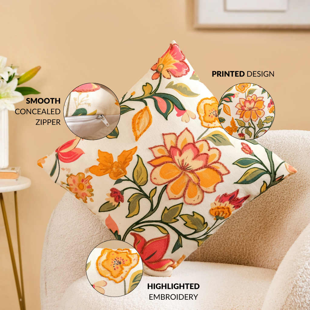 Indie Floral Embroidered Cotton Cushion Cover 40x40cm Nestasia